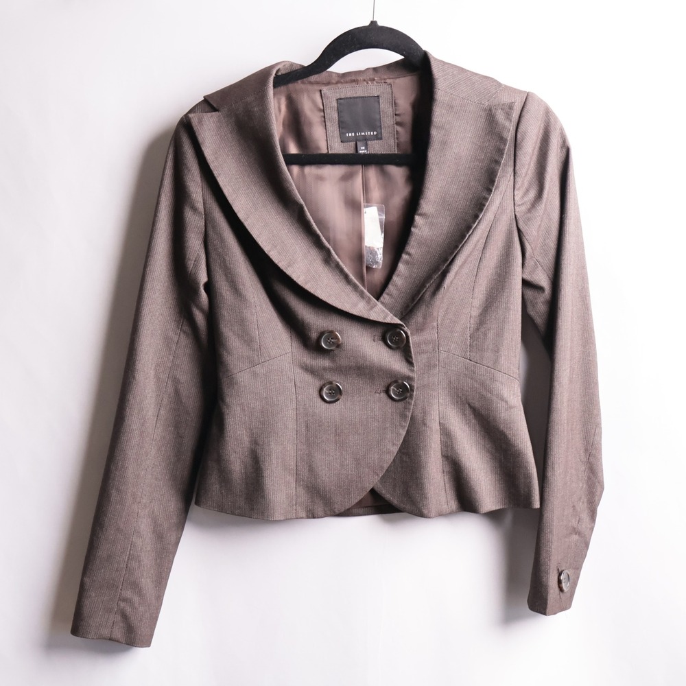 The Limited Womens XS Brown Pinstripe Double Breasted Cropped Blazer‎ Jacket Y2K